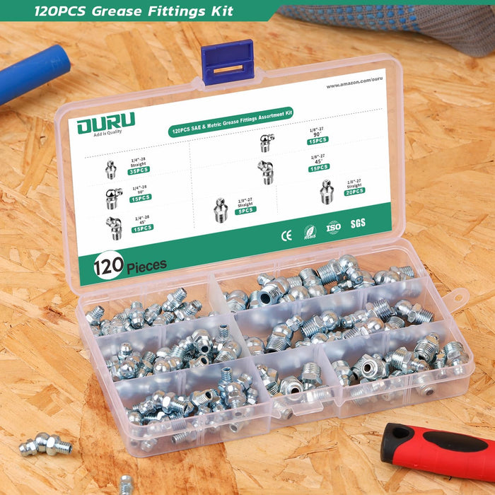 120PCS kit of grease gun zerk fittings in case; SAE and metric straight, 45°, 90° nipples for maintenance and repairs.