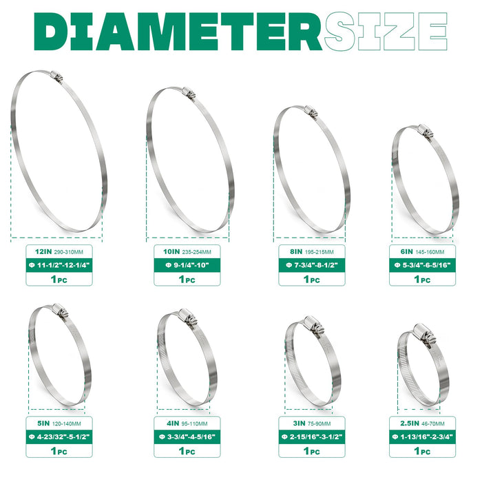 Worm gear hose clamps size chart, adjustable 2.5–12 inch diameters for vents and ducting.