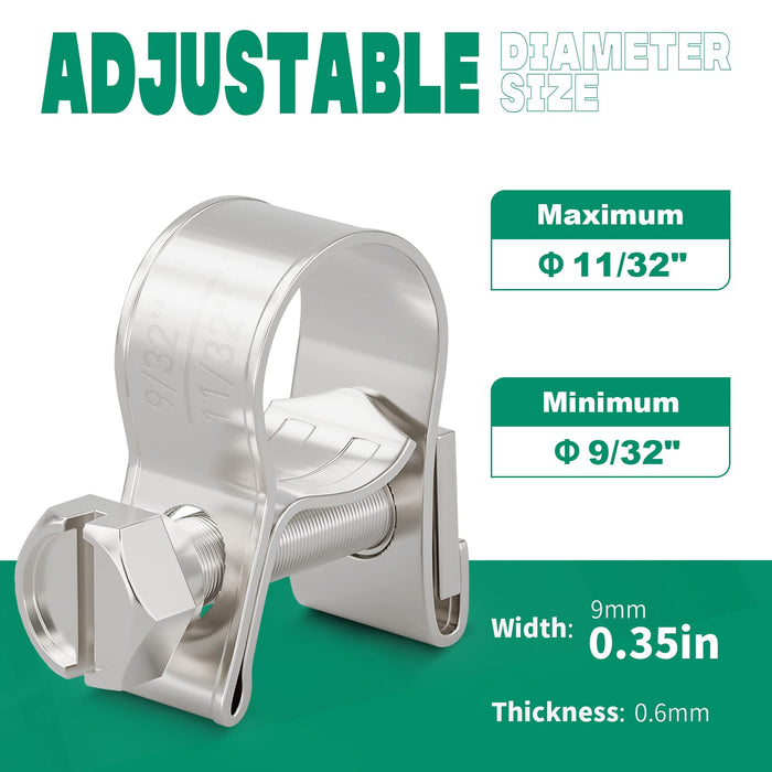 fuel hose clamps size card, 9/32–11/32 inch; stainless screw band 0.35 in wide for small engines and precision lines.