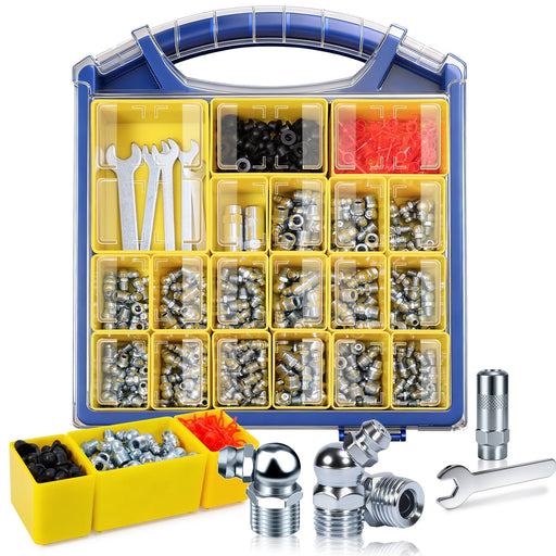 330PCS grease fitting organizer case, compartments, wrenches, coupler, assorted sizes—grease fitting reference set.