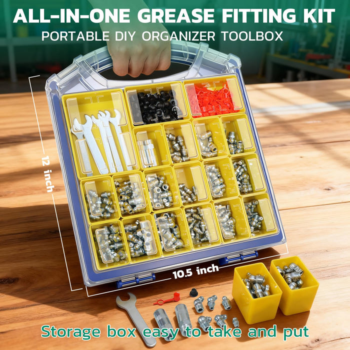 Portable box with measurements, filled with grease fittings and tools; handle design for easy carrying in workshop use.
