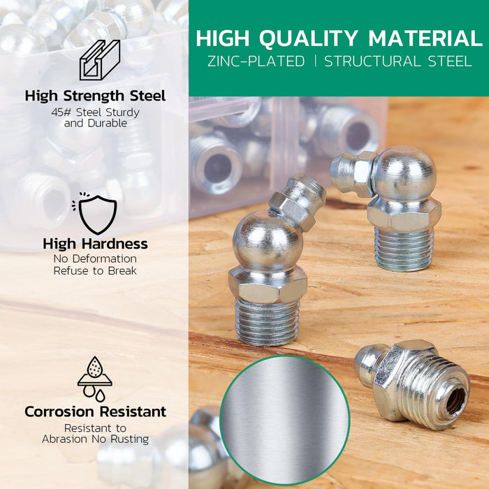 Close-up of zinc-plated grease zerk fittings, highlighting steel strength, hardness, and corrosion resistance near bins.