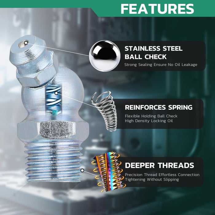 Feature diagram shows stainless ball check, reinforced spring, and deeper threads; fits needle grease fitting adapters.