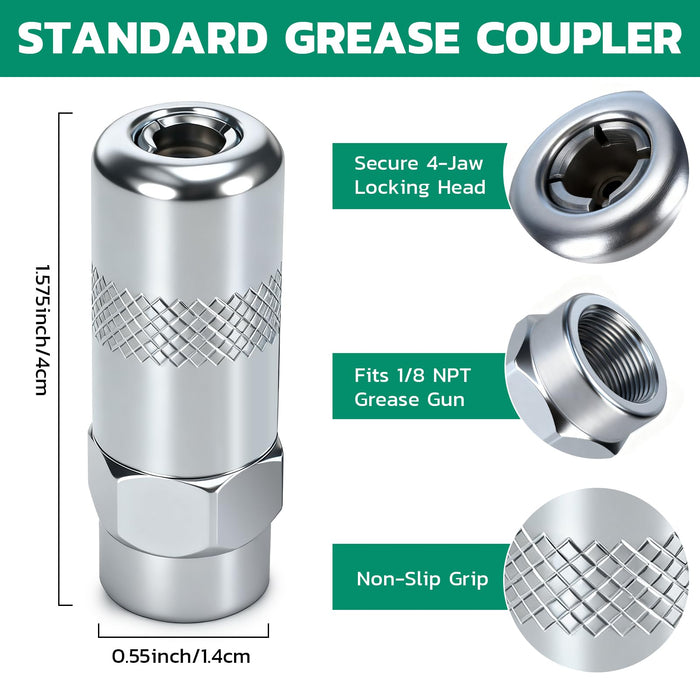 Standard coupler for greese fittings and 1/8 NPT grease gun, 4-jaw locking head, non-slip grip, size details shown.