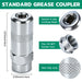 Standard coupler for greese fittings and 1/8 NPT grease gun, 4-jaw locking head, non-slip grip, size details shown.