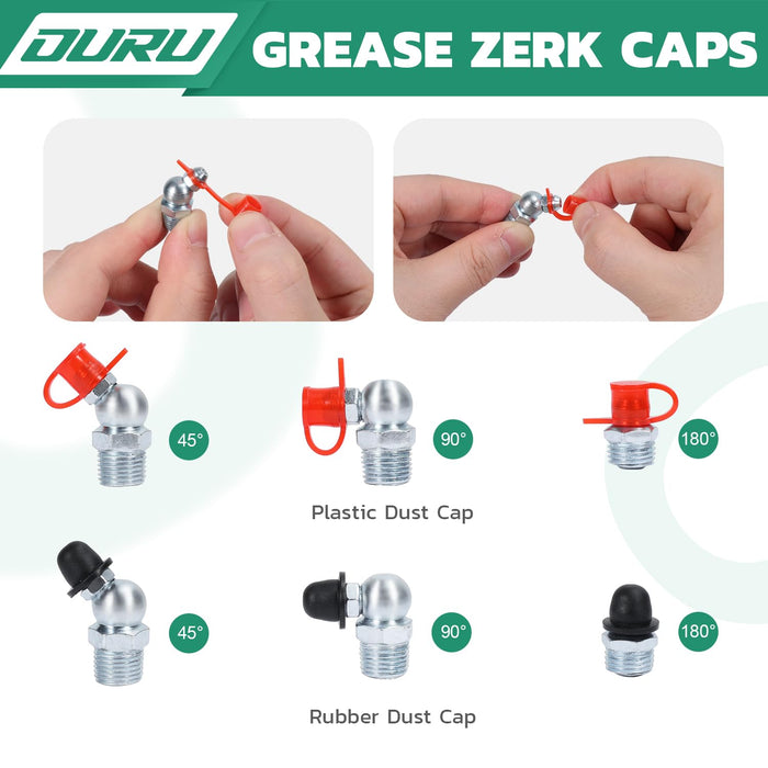 Hands installing plastic and rubber dust caps on 45°, 90°, 180° zerks; accessories for grease gun zerk fitting.