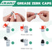 Hands installing plastic and rubber dust caps on 45°, 90°, 180° zerks; accessories for grease gun zerk fitting.