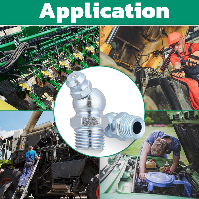 Machinery service scenes showing metric grease zerks on farm, truck and auto equipment; close-up of the fitting detail.