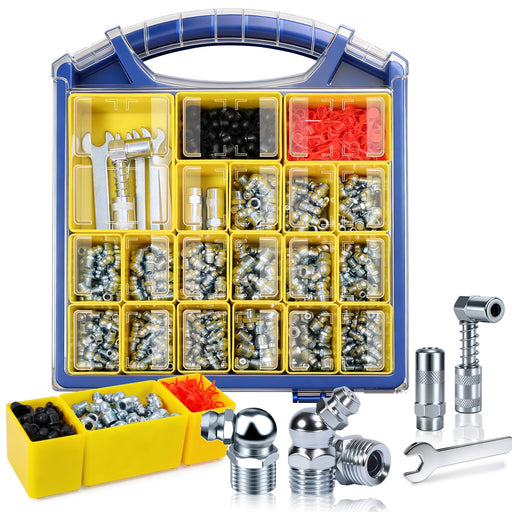 Machinery service scenes showing metric grease zerks on farm, truck and auto equipment; close-up of the fitting detail.