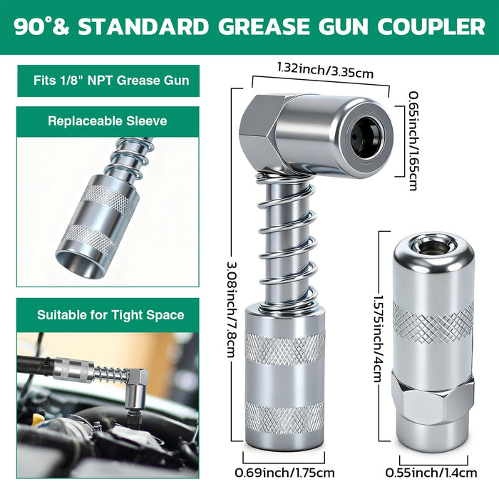 Diagram of 90° and standard couplers with sizes, nonslip grip, and 4-jaw lock, compatible with metric grease fitting.