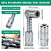 Diagram of 90° and standard couplers with sizes, nonslip grip, and 4-jaw lock, compatible with metric grease fitting.