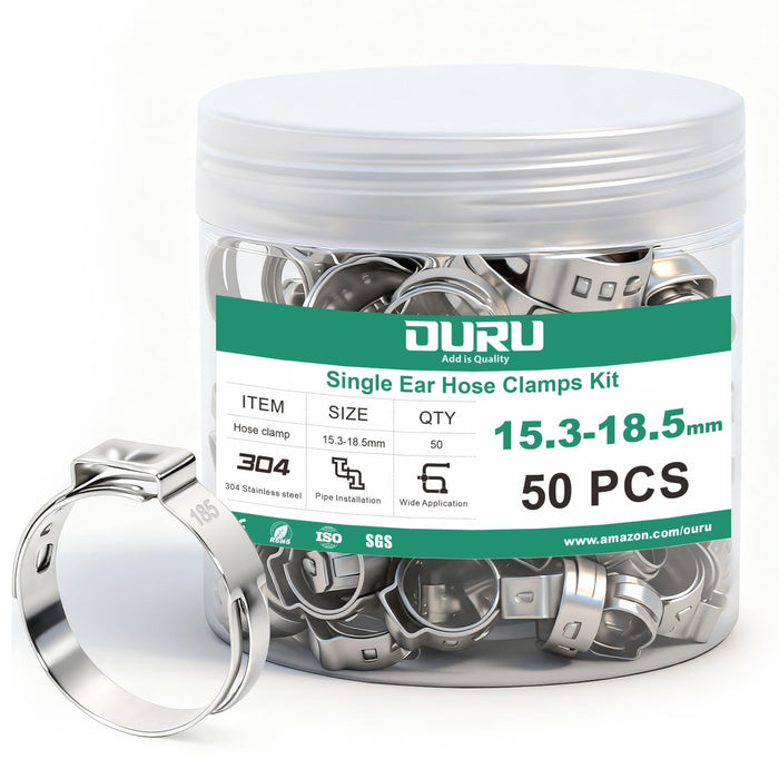 Jar labeled 15.3–18.5mm 50pcs single ear hose clamps kit, stainless band shown for versatile pex rings applications.