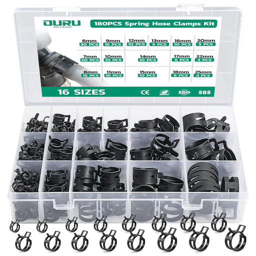 Organizer box showing 180pcs spring hose clamps in 16 sizes, compartment layout for crimp rings sorting and storage.