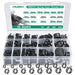 Organizer box showing 180pcs spring hose clamps in 16 sizes, compartment layout for crimp rings sorting and storage.