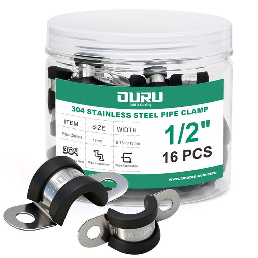 Jar of 1/2 inch clips with samples in front, cable clamp stainless steel assortment for pipes, wires, and RV maintenance
