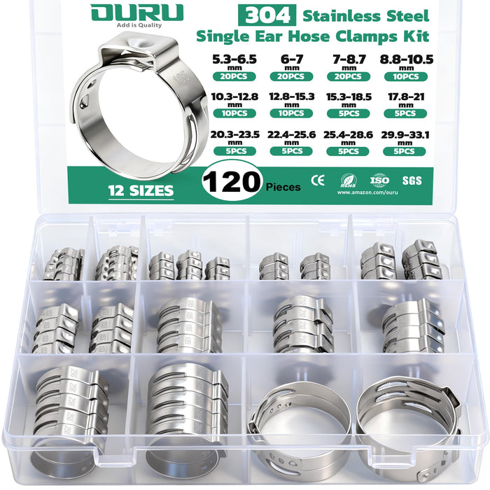 Clamp rings assortment in clear case, 304 stainless steel single ear design, multiple sizes for secure hose sealing