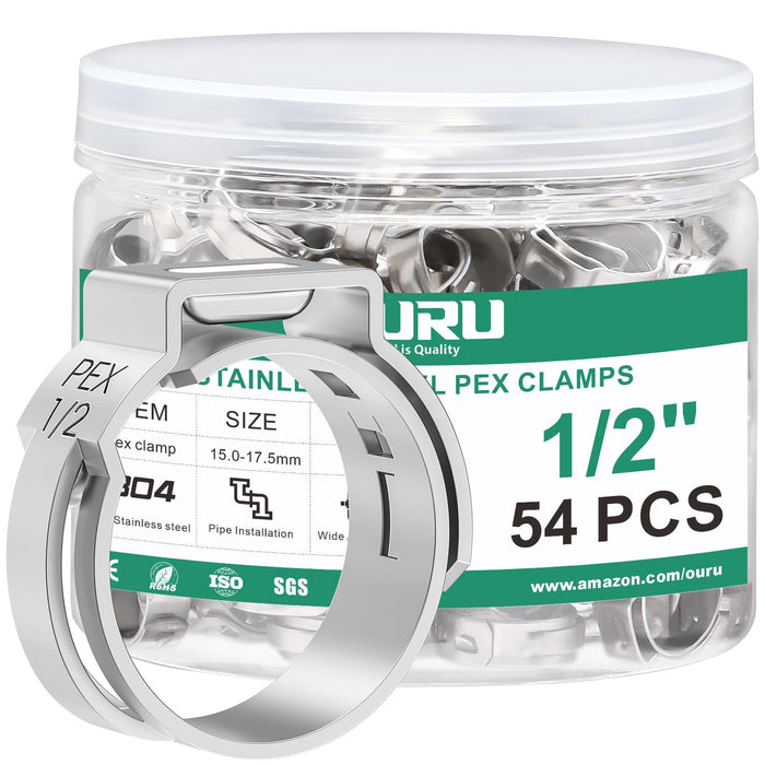 304 stainless 1/2 in 54pcs PEX clamp jar with enlarged ring view, made for consistent pex ring connections on tubing.