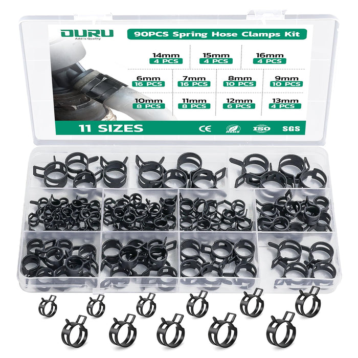 90pcs spring hose clamps kit case with 11 size labels and mixed clamps, ready for quick crimp ring selection, repairs.