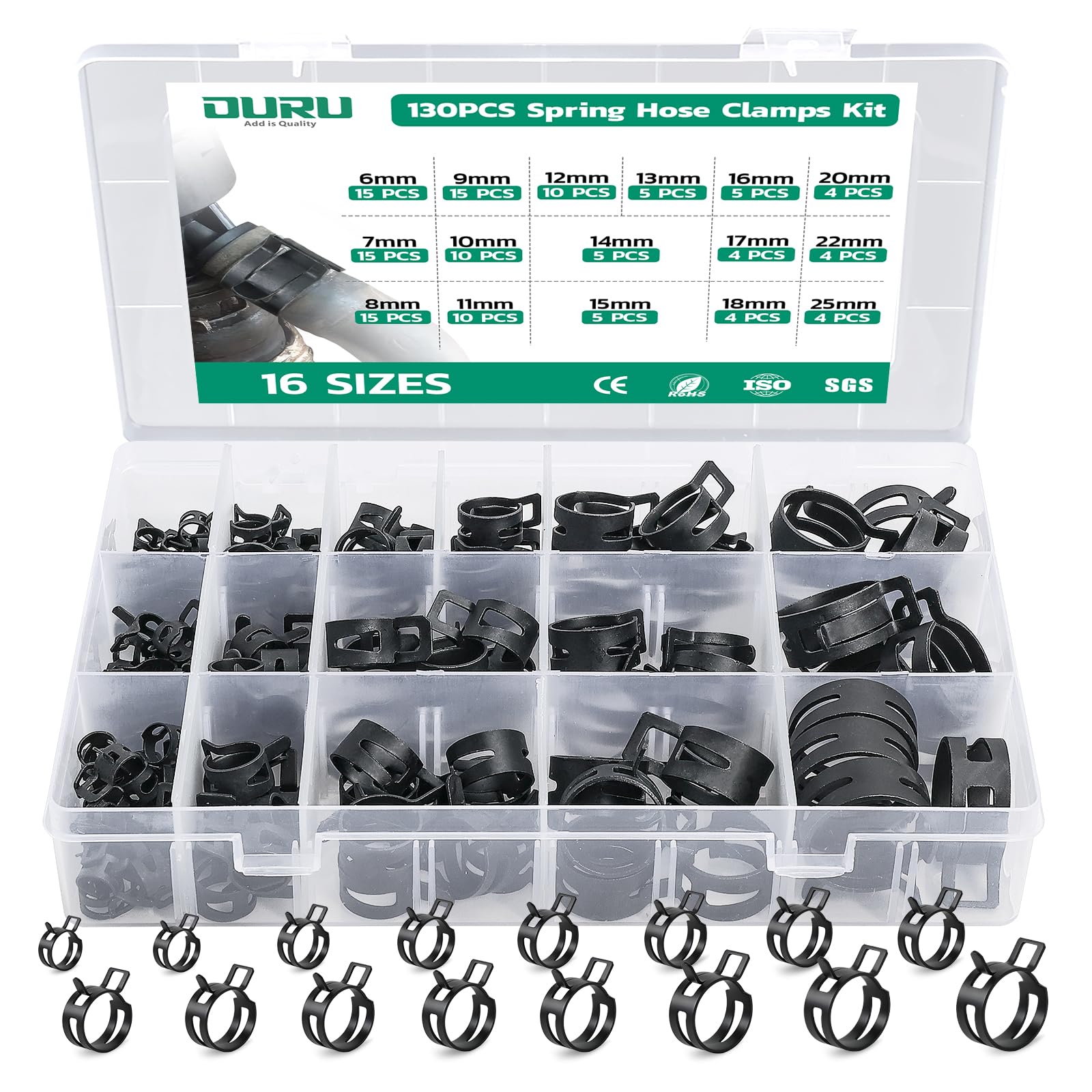 Spring-band hose clamp assortment in a storage case