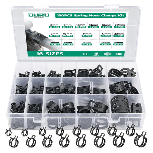 Single ear hose clamp assortment showing size chart, durable stainless steel rings for tight hose connections