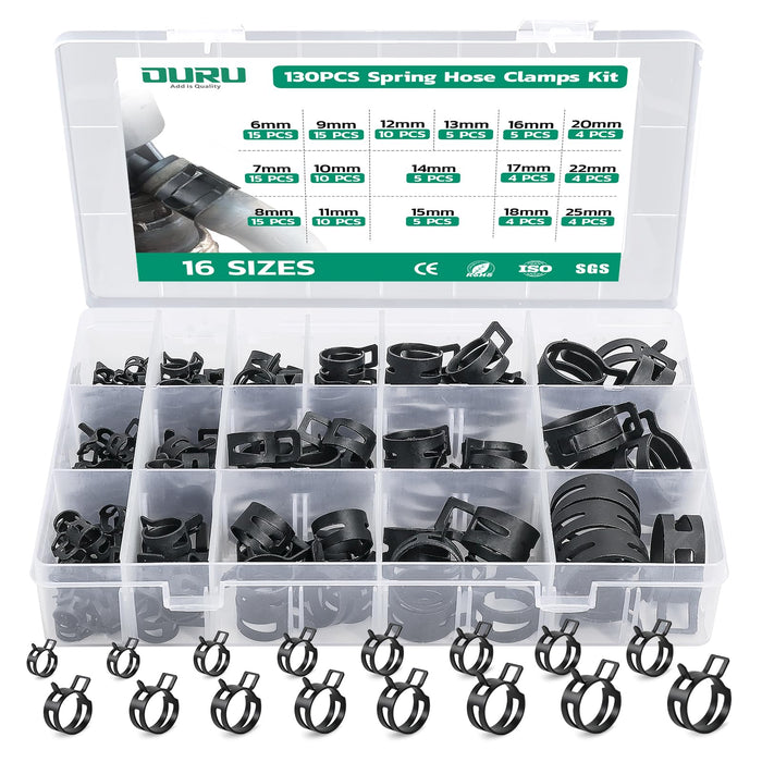 Single ear hose clamp assortment showing size chart, durable stainless steel rings for tight hose connections