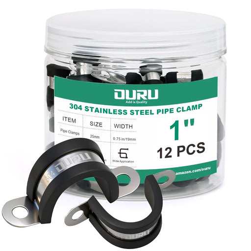 Jar labeled 1 inch with samples, cushioned p clamp product for fastening cables or tubing with 304 stainless banding