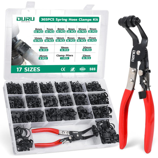 Pex hose clamps kit with clear storage box, multiple diameters of stainless steel pinch clamps for plumbing systems