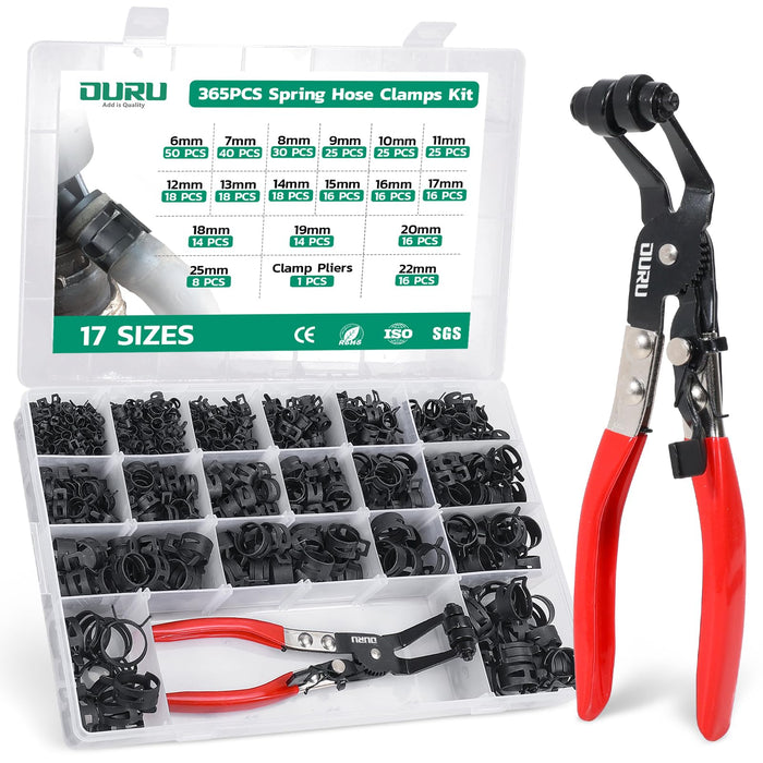 Pex hose clamps kit with clear storage box, multiple diameters of stainless steel pinch clamps for plumbing systems