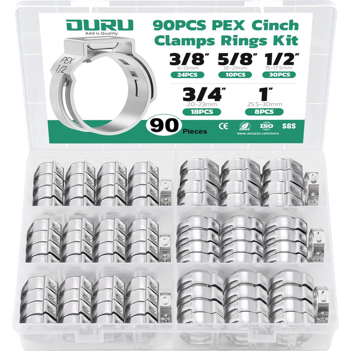 Cinch rings assortment packed in compartment case, 304 stainless steel single ear clamps for hose sealing applications