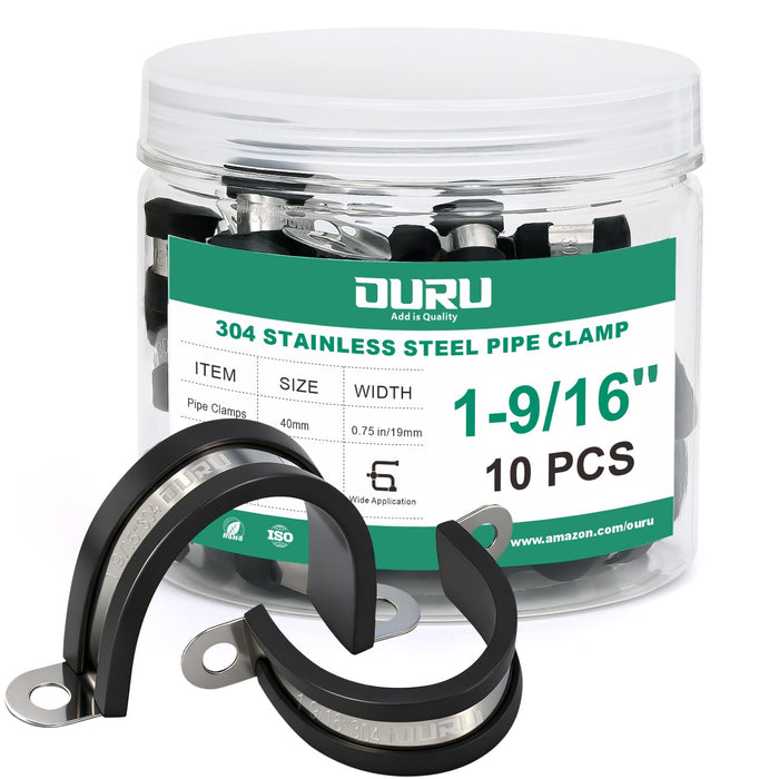 Jar of 1-9/16 inch 304 stainless cushioned pipe clamps, 10 PCS by DURU, organizing hoses like wire cable staples.