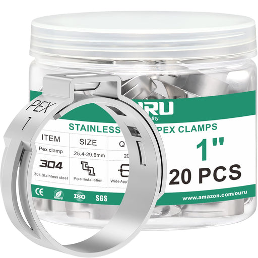 Pex clamp rings displayed in labeled organizer, single ear stainless steel rings for secure pipe connections use