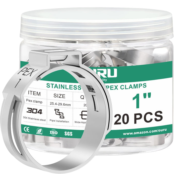 Pex clamp rings displayed in labeled organizer, single ear stainless steel rings for secure pipe connections use