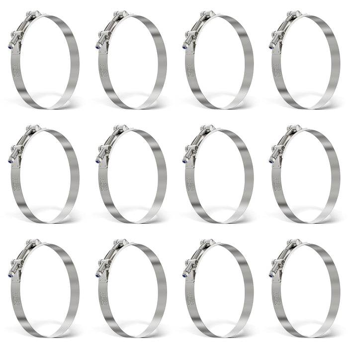 12-pack fuel pump hose clamp set, stainless T-bolt style, 4.76–5.08 inch diameter range for secure, leak-free joints.