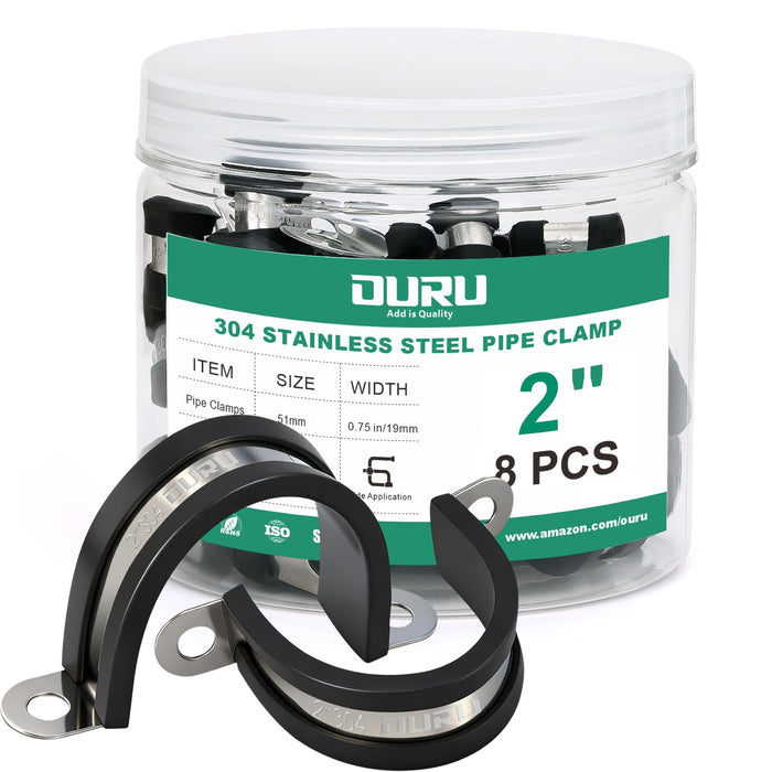 2 inch 304 stainless one hole clamp set, 8 PCS in clear jar, cushioned P-clamps securing pipes, tubing, and cables.