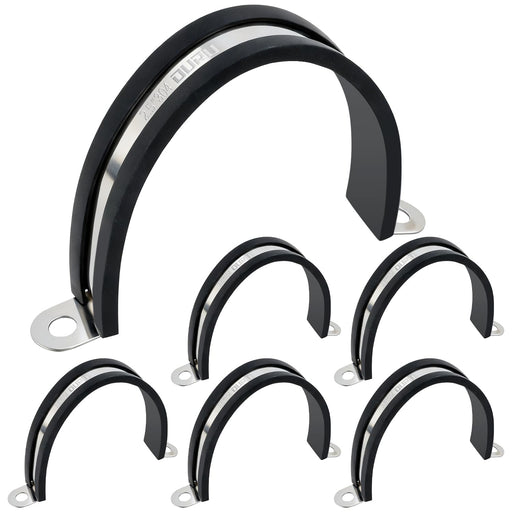 Six 2.5 inch cushioned 304 stainless gas clamps, heavy-duty P-clamp set with rubber lining for secure pipe routing.