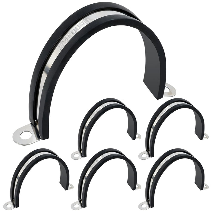 Six 2.5 inch cushioned 304 stainless gas clamps, heavy-duty P-clamp set with rubber lining for secure pipe routing.