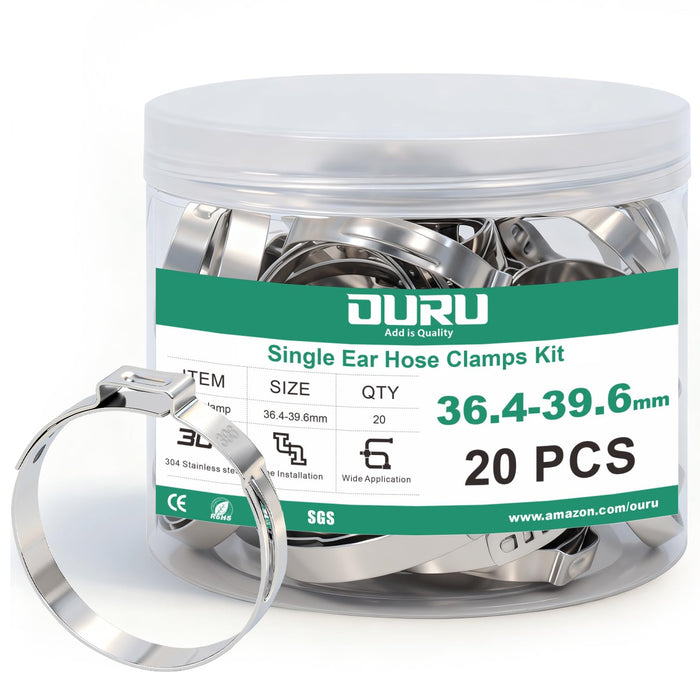 OURU 20 pcs single ear clamp jar, size 36.4-39.6mm, 304 stainless; ideal for automotive wiring assortment and hoses.