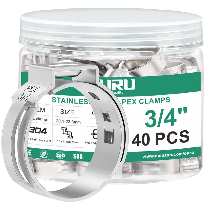 OURU 3/4 in PEX clamp jar, 40 pcs 304 stainless for pipe installation; clear label shows pex pro crimp rings set.