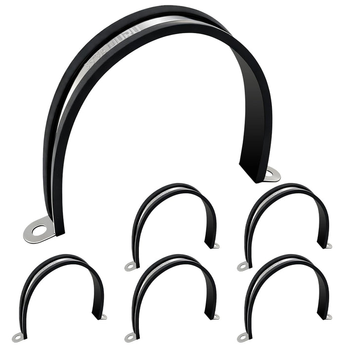 Five 3 inch cushioned stainless clamps, large automotive wire holder P-clamps with rubber insulation for cable runs.