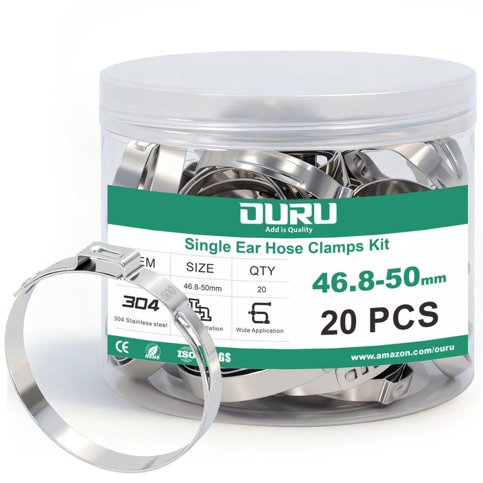 Single ear hose clamps jar, 46.8-50mm, 20 pcs, 304 stainless steel crimp rings for sealing fuel, coolant, and air lines.