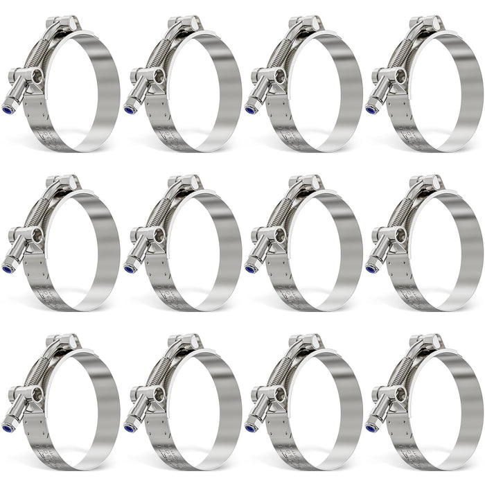 fuel hose clamps 12-pack, T-bolt stainless bands fit 70–78 mm; uniform 19 mm width delivers even torque and sealing