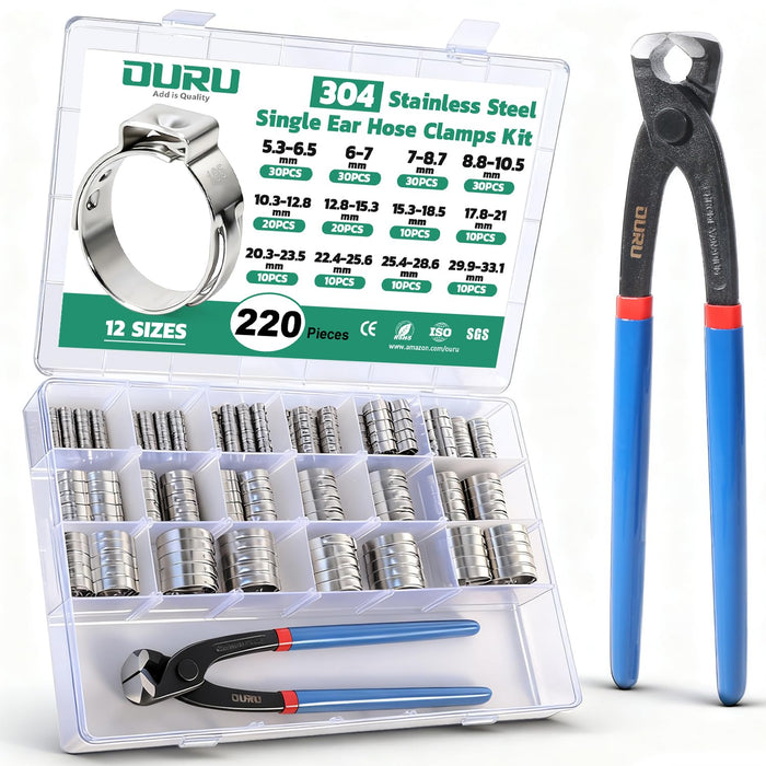 Assorted 304 single ear hose clamp kit, 220 pieces in organizer plus pliers tool; stepless design for secure installs.