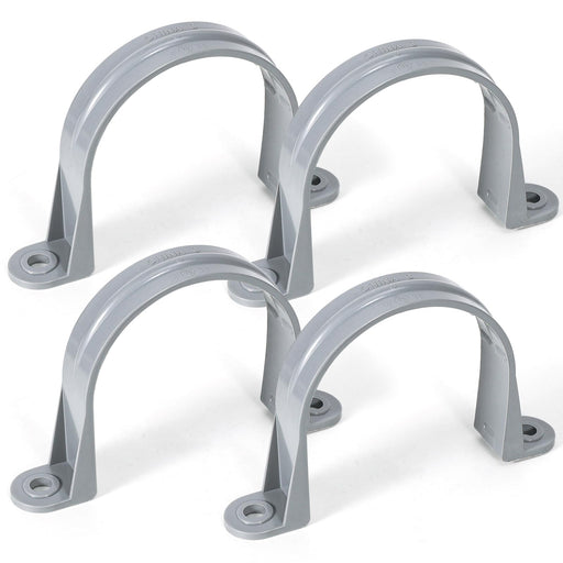 Four gray PVC conduit clamps for 3 inch pipe, brackets that support plumbing and electrical lines along interior walls