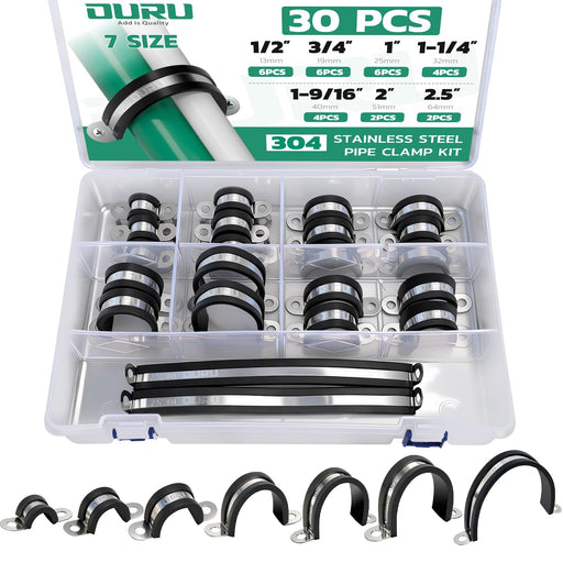 30 PCS large cable clamps kit in organizer box, cushioned P-clamps manage pipes, wires, and hoses in shop or home.