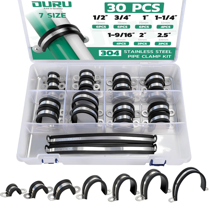 30 PCS large cable clamps kit in organizer box, cushioned P-clamps manage pipes, wires, and hoses in shop or home.