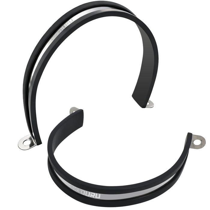 Two 4 inch cushioned stainless large cable clamp pieces, heavy-duty P-clamps securing ducts, hoses, tubes, or conduit.