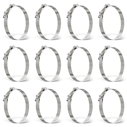 Bulk pack of twelve lawn mower fuel line clamp T-bolt clips, 5.24–5.55 inch range for mower coolant or intake hoses.