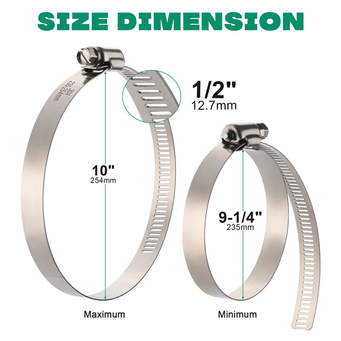 Hose clamp for dryer vent size chart; 10" max to 9-1/4" min, smooth edges and easy screwdriver tightening for secure ducts.